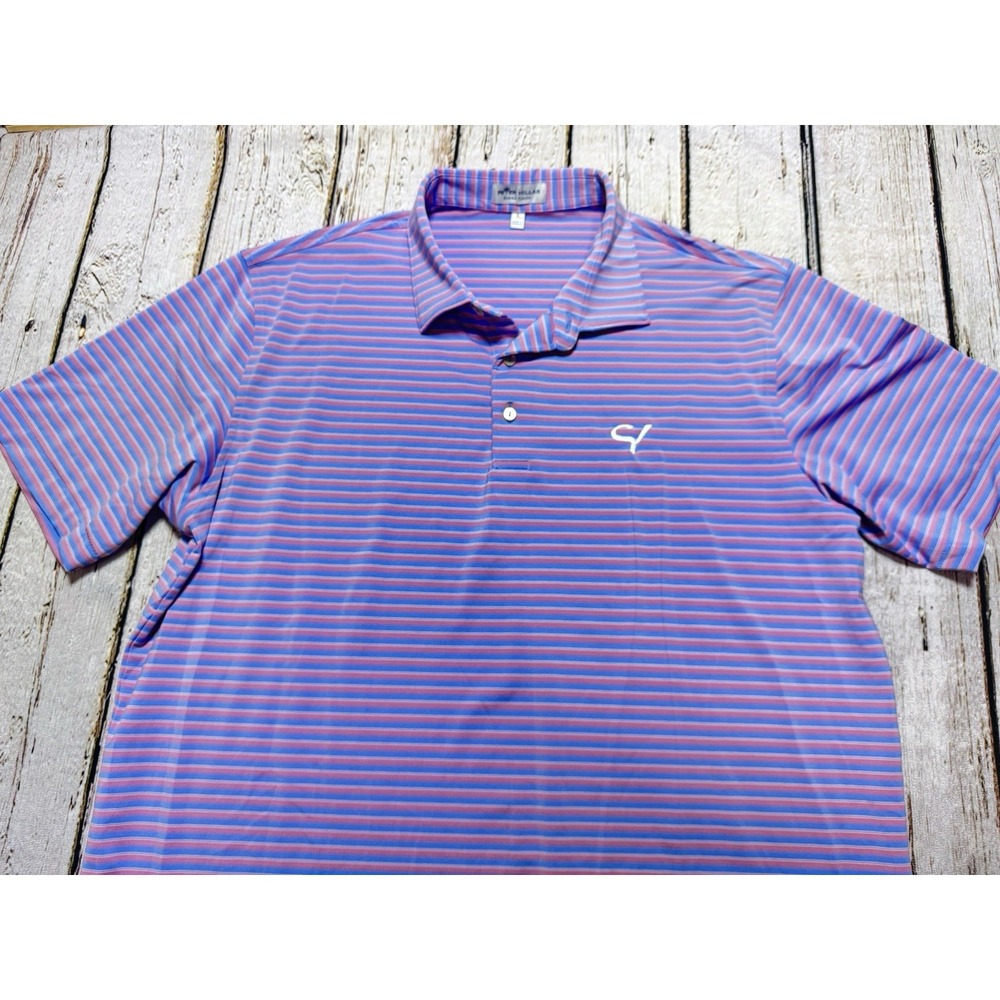 Peter Millar Summer Comfort Polo Shirt Mens Lg Pink Blue Striped Chest Logo